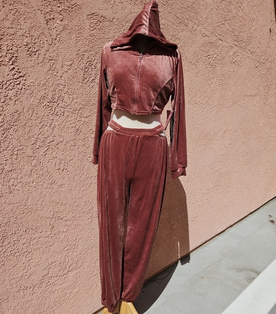 Velvet Zip-Up Hoodie Crop Sweatshirt And Cutout Sweatpants Set Dust Rose Large
